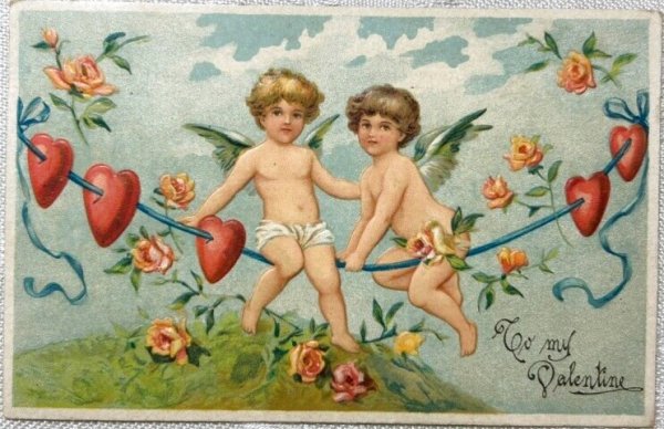 画像1: Postcard　アンティークポストカード　バレンタイン　2人の天使　アメリカ1908年 (1)