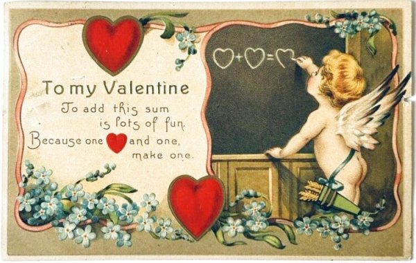 画像1: Postcard  アンティークポストカード　バレンタイン　天使とハートの方程式　Ellen Clapsaddle　アメリカ1909年 (1)
