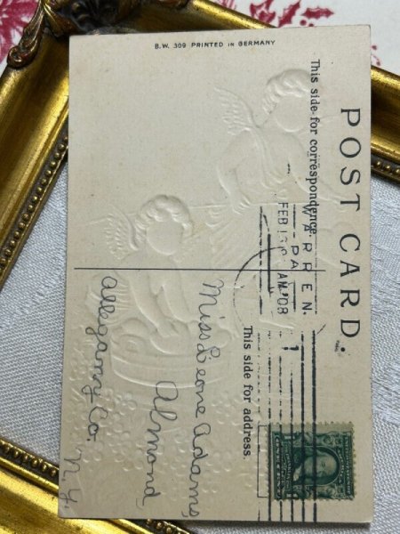 画像3: Postcard アンティークポストカード バレンタイン ハートを釣るキューピッド天使  (3)