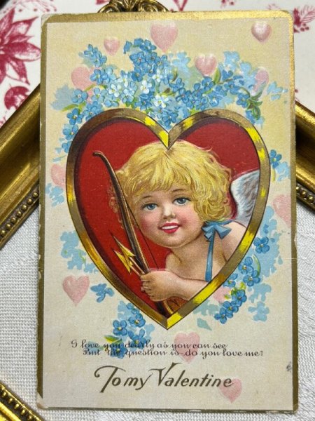 画像2: Postcard アンティークポストカード バレンタイン 忘れな草のお花 矢を持つキューピッド天使 ハート アメリカ1913年 (2)