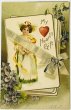 画像1: Postcard　アンティークポストカード　バレンタイン　スミレのお花　デイジーの服を着た女の子　ハートのトランプ　Ellen Clapsaddle　 (1)