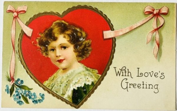 画像1: Postcard　アンティークポストカード　バレンタイン　忘れな草のお花とハートの中の男の子　Ellen Clapsaddle　 (1)