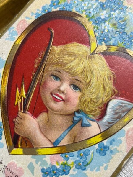 画像3: Postcard アンティークポストカード バレンタイン 忘れな草のお花 矢を持つキューピッド天使 ハート アメリカ1913年 (3)