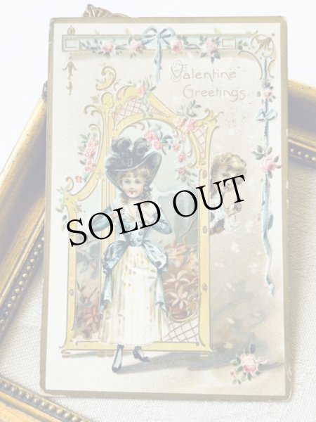 画像2: Postcard  アンティークポストカード　バレンタイン　羽帽子の女の子　 (2)