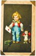 画像1: Postcard  アンティークポストカード　バレンタイン　バスキングの男の子と犬　芸　アメリカ1909年 (1)