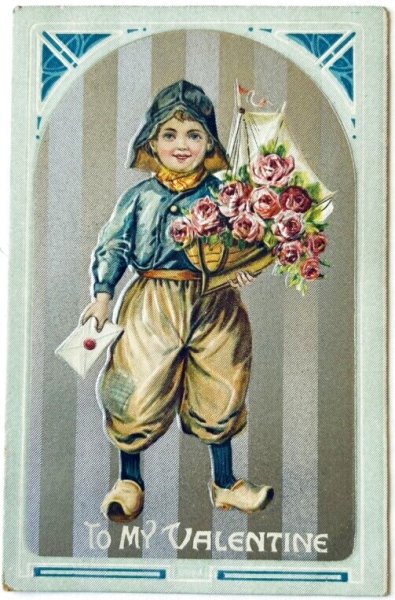 画像1: Postcard  アンティークポストカード　バレンタイン　オランダの男の子　船と薔薇のお花　木靴 (1)