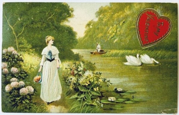 画像1: Postcard  アンティークポストカード　バレンタイン　川岸を歩く女性　白鳥 (1)