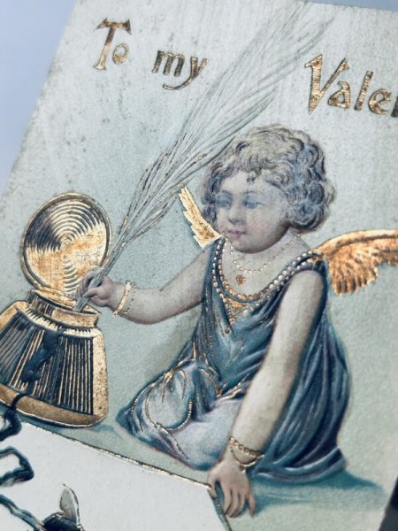 画像4: Postcard  アンティークポストカード バレンタイン 手紙を書く天使と蜂 インク 羽ペン (4)