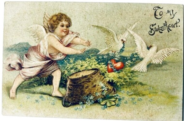 画像1: Postcard  アンティークポストカード　バレンタイン　ハートを持ち去る白鳩を追いかける天使　キューピッド　Ellen Clapsaddle　アメリカ1911年 (1)