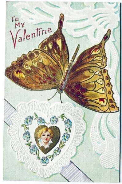 画像1: Postcard  アンティークポストカード　バレンタイン　蝶々と子ども　アメリカ1910年 (1)