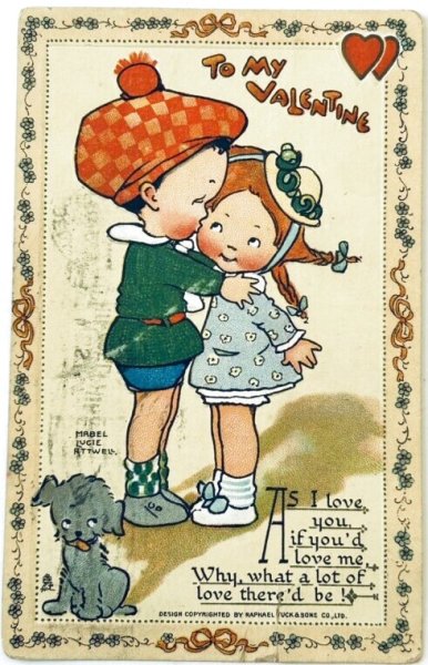 画像1: Postcard 　アンティークポストカード　バレンタイン　子どもたちと犬　Innocence Abroad　Mable Lucie Attwell　 (1)