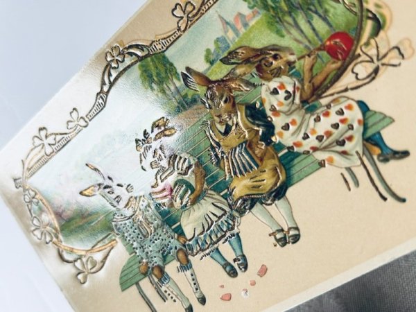 画像3: Postcard アンティークポストカード イースター  ベンチに座る子ウサギたち イースターエッグ アコーディオン (未使用) (3)