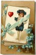 画像1: Postcard　アンティークポストカード　バレンタイン　忘れな草のお花　キキョウ　リンドウ　ハートのトランプ　Ellen Clapsaddle　 (1)