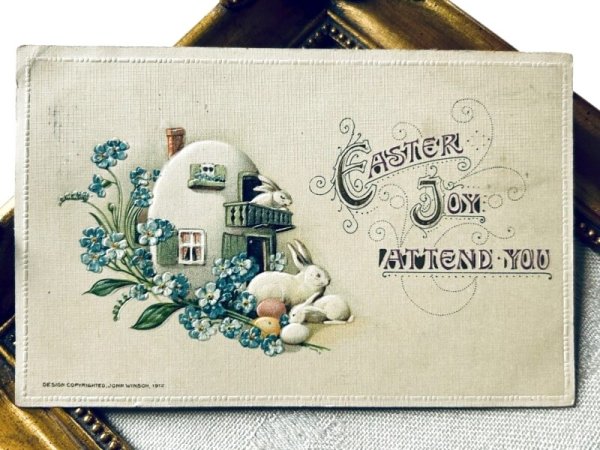 画像2: Postcard　アンティークポストカード　イースター 　ウサギさんの卵のお家　忘れな草のお花　アメリカ1914年 (2)