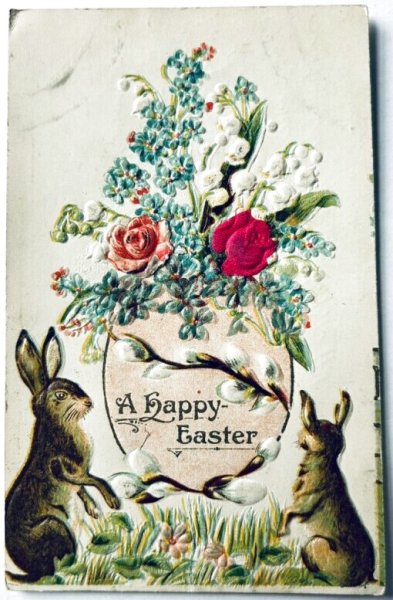 画像1: Postcard　アンティークポストカード　イースター 　イースターエッグのお花とウサギさん　薔薇　スズラン　忘れな草　シルク貼り (1)