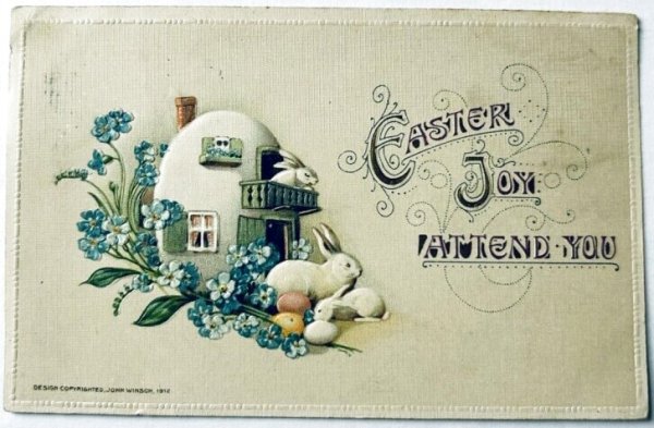 画像1: Postcard　アンティークポストカード　イースター 　ウサギさんの卵のお家　忘れな草のお花　アメリカ1914年 (1)