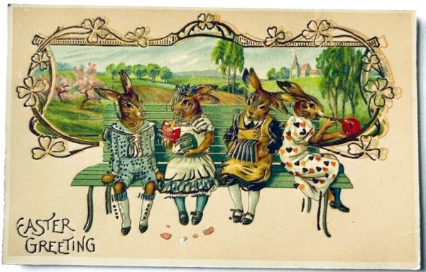 画像1: Postcard　アンティークポストカード　イースター 　ベンチに座る子ウサギたち　イースターエッグ　アコーディオン　（未使用） (1)