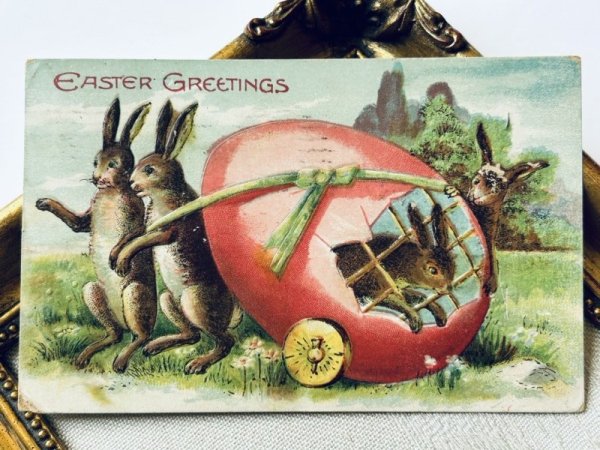 画像2: Postcard アンティークポストカード イースター  卵車でウサギを運ぶうさぎさん 兎 アメリカ1909年 (2)