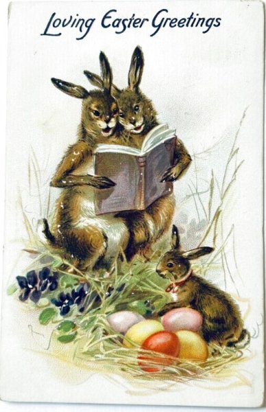 画像1: Postcard　アンティークポストカード　イースター 　本を読み聞かせるウサギさん　卵　スミレのお花　1908年 (1)