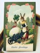 画像2: Postcard　アンティークポストカード　イースター 　卵を一輪車で運ぶウサギさん　四つ葉クローバー　スミレ (2)