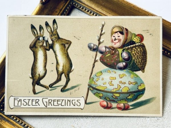 画像2: Postcard アンティークポストカード イースター  卵人形を双眼鏡で観察するウサギさん (2)
