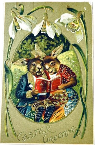 画像1: Postcard　アンティークポストカード　イースター 　歌うウサギさん　スノードロップのお花　アメリカ1909年 (1)