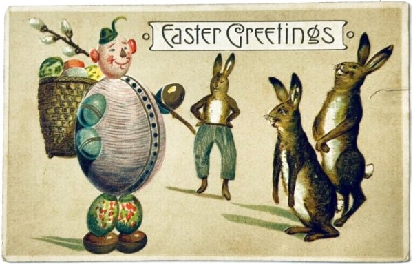 画像1: Postcard　アンティークポストカード　イースター 　卵人形を見つめるウサギさん (1)
