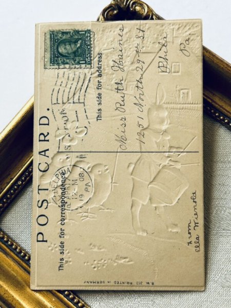 画像3: Postcard アンティークポストカード イースター  ドラムを叩くウサギさんと歌うヒヨコさん 四つ葉クローバー (3)