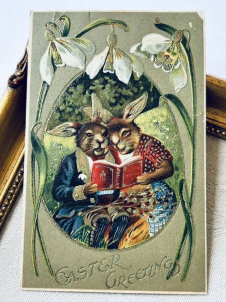 画像2: Postcard アンティークポストカード イースター  歌うウサギさん スノードロップのお花 アメリカ1909年 (2)