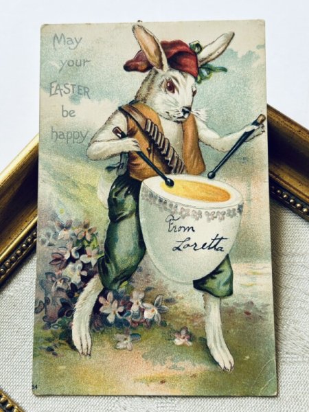 画像2: Postcard アンティークポストカード イースター  卵のドラムを叩くウサギさん アメリカ1907年 (2)