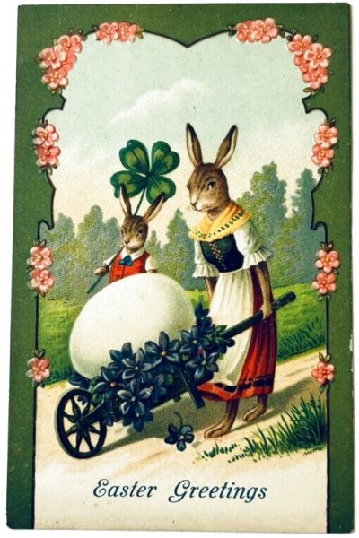 画像1: Postcard　アンティークポストカード　イースター 　卵を一輪車で運ぶウサギさん　四つ葉クローバー　スミレ (1)