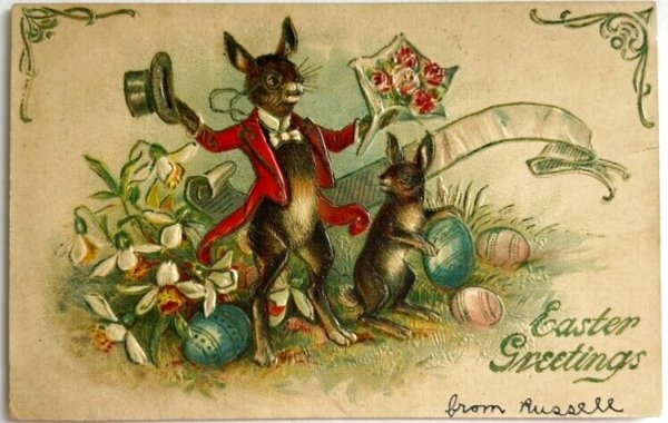 画像1: Postcard　アンティークポストカード　イースター 　シルクハットと花束を持ったウサギ (1)