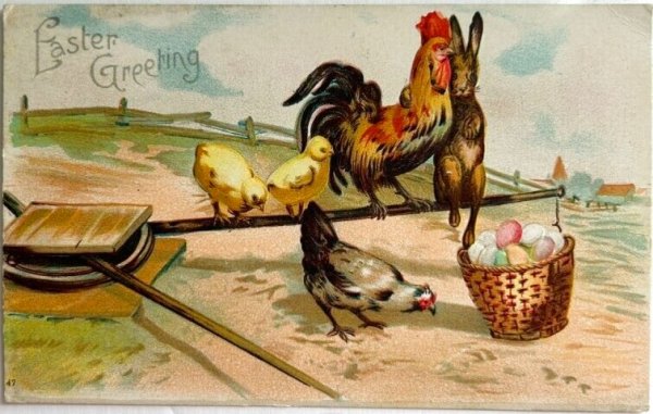 画像1: Postcard　アンティークポストカード　イースター 　ニワトリの肩を抱くウサギ　ヒヨコ　卵　（未使用） (1)