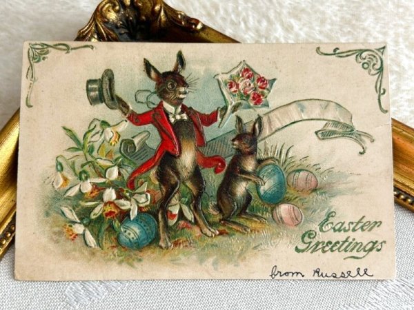 画像2: Postcard アンティークポストカード イースター  シルクハットと花束を持ったウサギ (2)