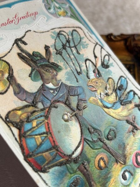 画像3: Postcard アンティークポストカード イースター  ドラムを叩くウサギさん ヒヨコ (3)