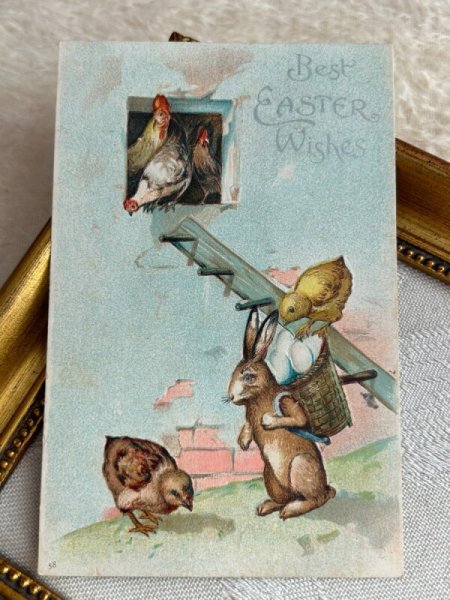 画像2: Postcard アンティークポストカード イースター  卵を運ぶウサギさん ヒヨコ  (2)