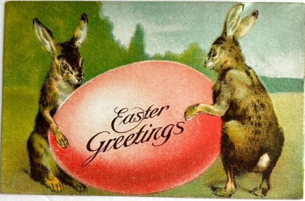 画像1: Postcard　アンティークポストカード　イースター 　大きな卵を運ぶウサギさん　 (1)
