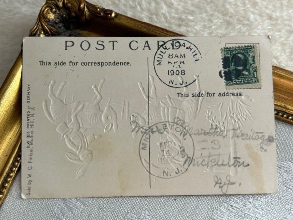 画像3: Postcard アンティークポストカード イースター  羊に乗ったウサギさん 1908年 (3)