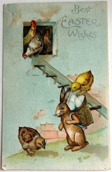 画像1: Postcard　アンティークポストカード　イースター 　卵を持ち出すウサギ　ヒヨコ　ニワトリ　 (1)