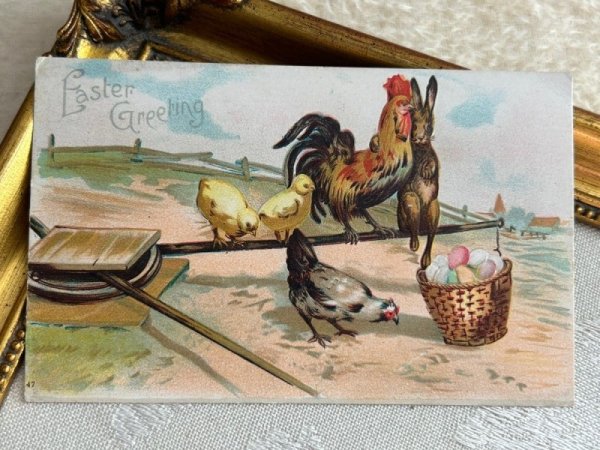 画像2: Postcard アンティークポストカード イースター  ニワトリの肩を抱くウサギ ヒヨコ 卵 (未使用) (2)