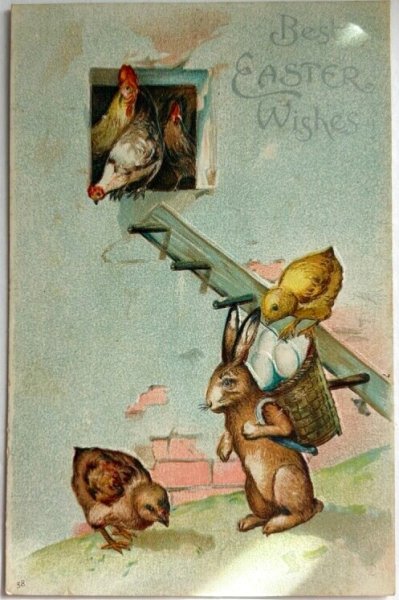 画像1: Postcard　アンティークポストカード　イースター 　卵を運ぶウサギさん　ヒヨコ　 (1)