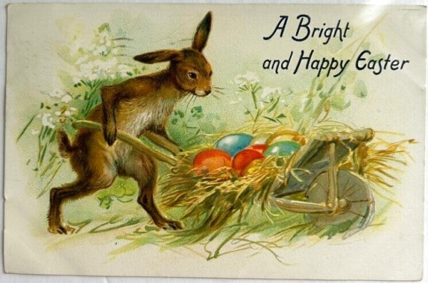 画像1: Postcard　アンティークポストカード　イースター 　卵を一輪車で運ぶウサギさん　 (1)