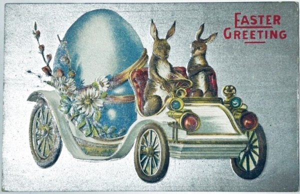 画像1: Postcard　アンティークポストカード　イースター 　自動車で大きな卵を運ぶウサギさん (1)