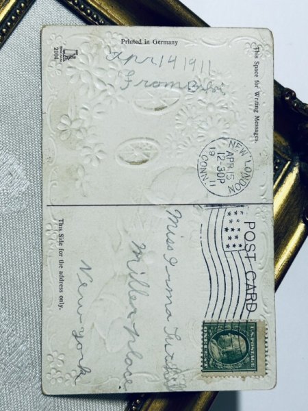 画像3: Postcard アンティークポストカード イースター  兎車に乗ってお花を運ぶウサギさん スミレ (3)