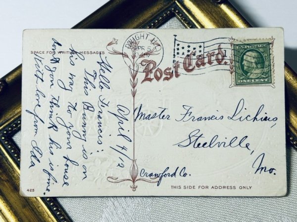 画像3: Postcard アンティークポストカード イースター  荷車で卵を運ぶ白ウサギさん アメリカ1912年 (3)