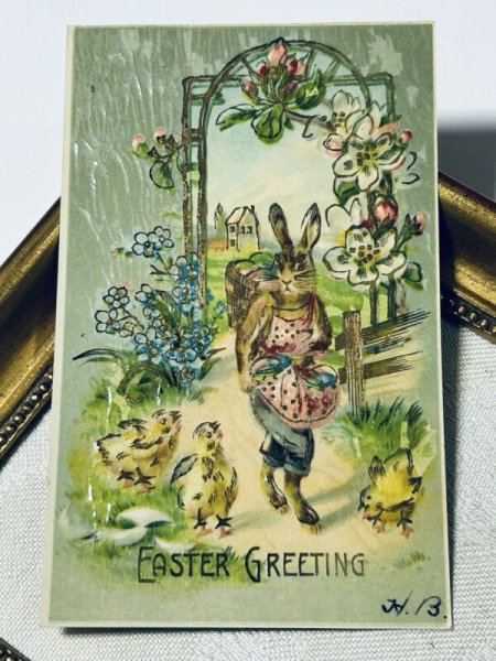 画像2: Postcard アンティークポストカード イースター  卵を運ぶウサギさん ヒヨコ  (2)