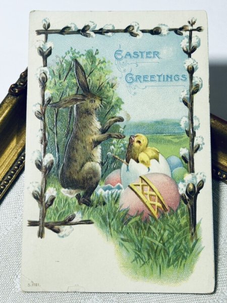 画像2: Postcard アンティークポストカード イースター  ウサギとヒヨコ 卵 (2)
