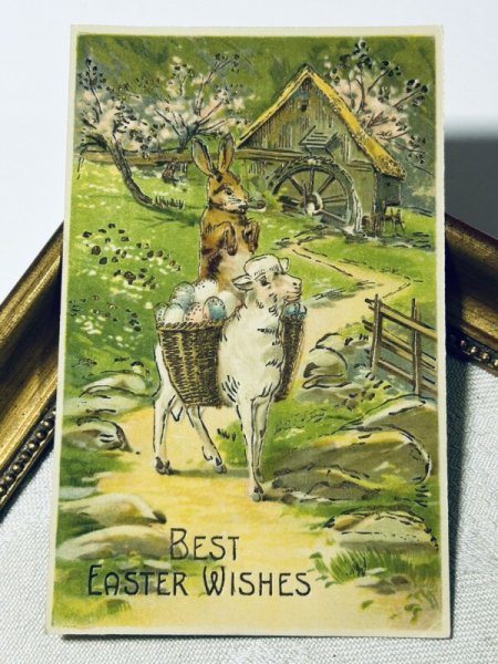 画像2: Postcard アンティークポストカード イースター  羊に乗って卵を運ぶウサギ (未使用) (2)