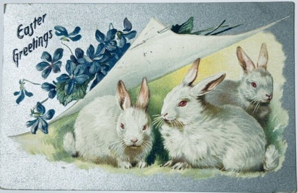 画像1: Postcard　アンティークポストカード　イースター 　白ウサギさんとスミレのお花 (1)