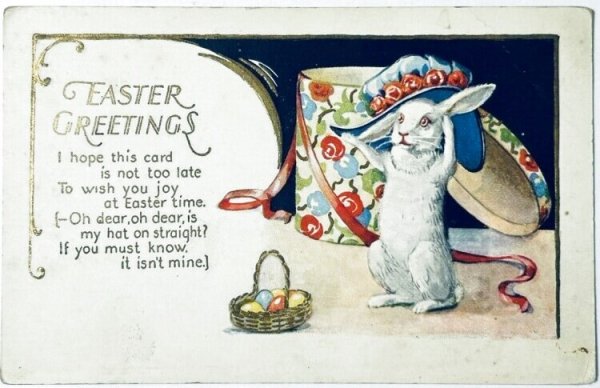 画像1: Postcard　アンティークポストカード　イースター 　帽子をかぶるウサギさん (1)